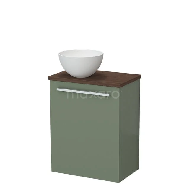 Toilet furniture with countertop wash basins TMK10-17505 Groen badkamerkastje met houten blad en witte komvormige wasbak, compact ontwerp, ideaal voor een moderne badkamer.