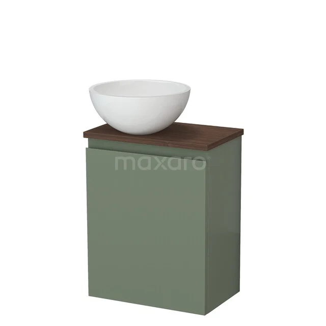 Toiletmeubel met waskom TMK10-17516 Olijfgroen badkamermeubel met houten blad en witte waskom, compact design ideaal voor moderne badkamerinrichting.