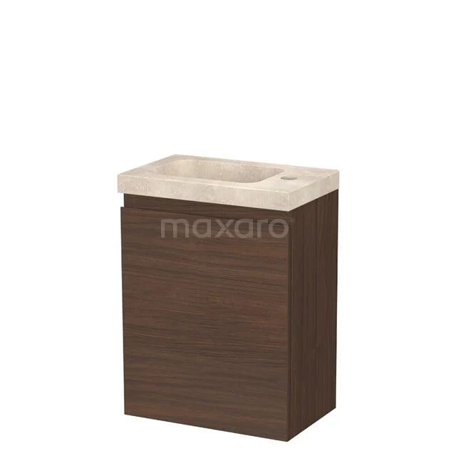 Toiletmeubel met wastafel TMW10-00837 Compact badkamermeubel met een natuurstenen wastafel en een houtkleurige kast; ideaal voor kleine badkamers.