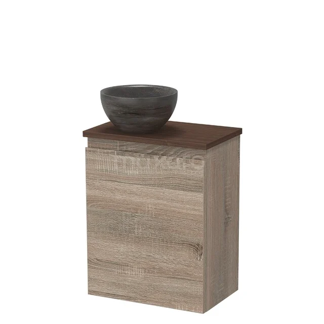 Houten badkamermeubel met licht eiken uitstraling en donkergrijze stenen waskom, ideaal voor een moderne badkamerinrichting.