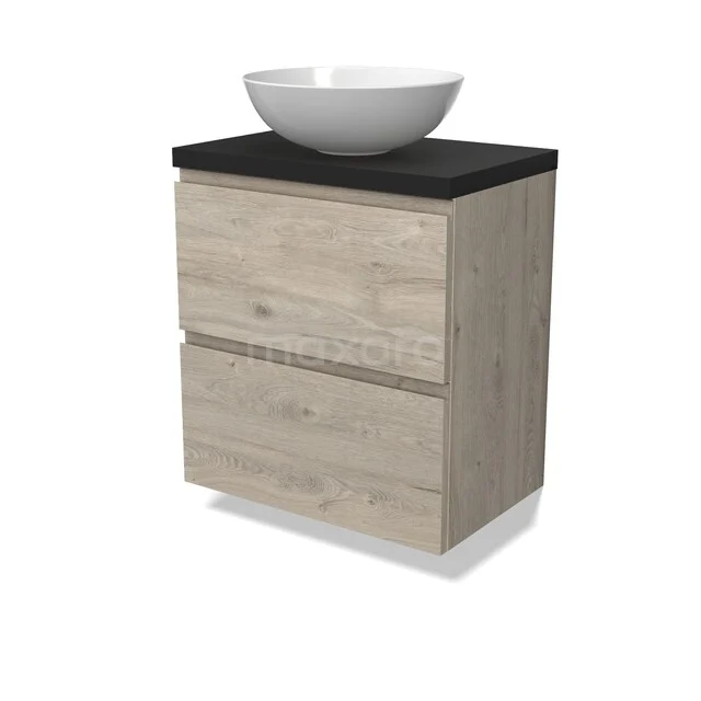 Modulo Plato Waschtischunterschrank mit Konsole BMK37-03004 Holz-Badmöbel mit einer schwarzen Platte und eingebautem Aufsatzwaschbecken; moderner Stil, ideal für ein stilvolles Badezimmer.