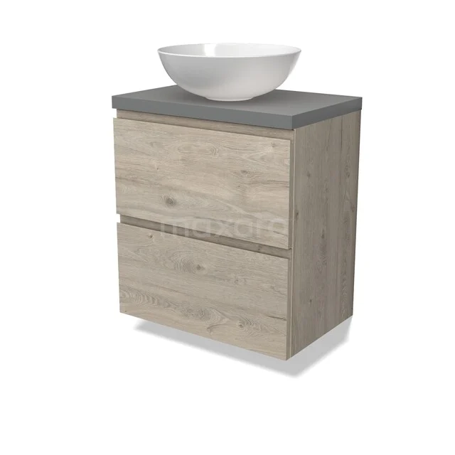 Modulo Plato Waschtischunterschrank mit Konsole BMK37-03005 Holz-Badmöbel mit Schublade, Betonlook Platte und keramischem Aufsatzwaschbecken, kompaktes Design für moderne Bäder.