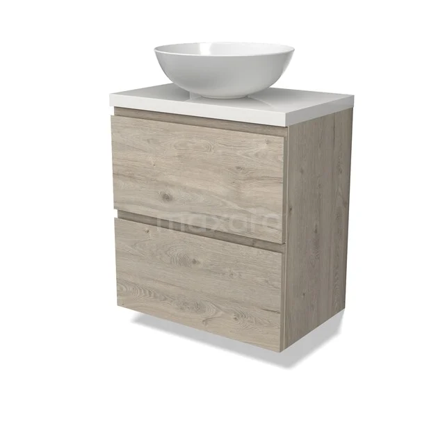 Modulo Plato Waschtischunterschrank mit Konsole BMK37-03006 Badmöbel aus Eiche mit Aufsatzwaschbecken, 2 Schubladen, natürliche Holzoptik, modernes Design für ein stilvolles Badezimmer.