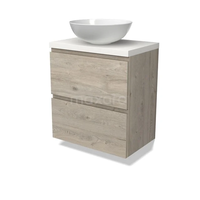 Holz Badezimmermöbel mit zwei Schubladen, weißem keramischen Aufsatzwaschbecken, kompaktem Design, ideal für eine stilvolle Badezimmergestaltung.