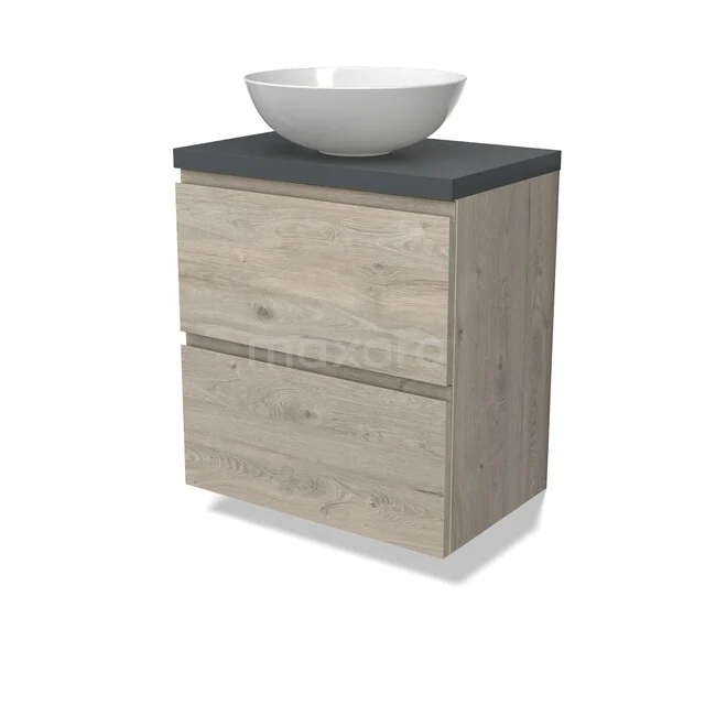 Kompakte Holz-Badmöbel mit zwei Schubladen, anthrazit Platte und weißem Aufsatzwaschbecken; modernes Design für stilvolle Bäder.