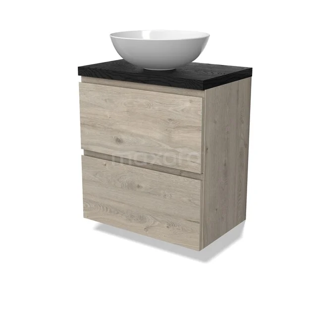 Houten badkamermeubel met twee lades, zwart blad en witte waskom, modern design ideaal voor compacte badkamers.