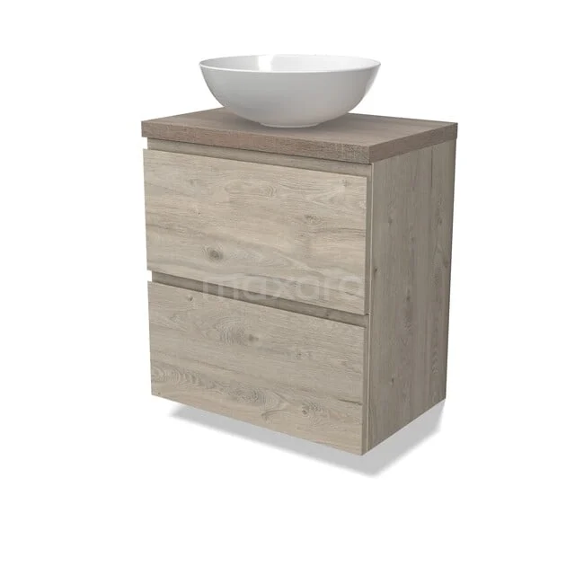 Modulo Plato Badkamermeubel voor waskom | 60 cm Lichtgrijs eiken Greeploos front Eiken blad 2 lades onder elkaar BMK37-03010 Houten badkamermeubel met twee lades, een witte ronde waskom en een natuurlijk eikenhouten afwerking.