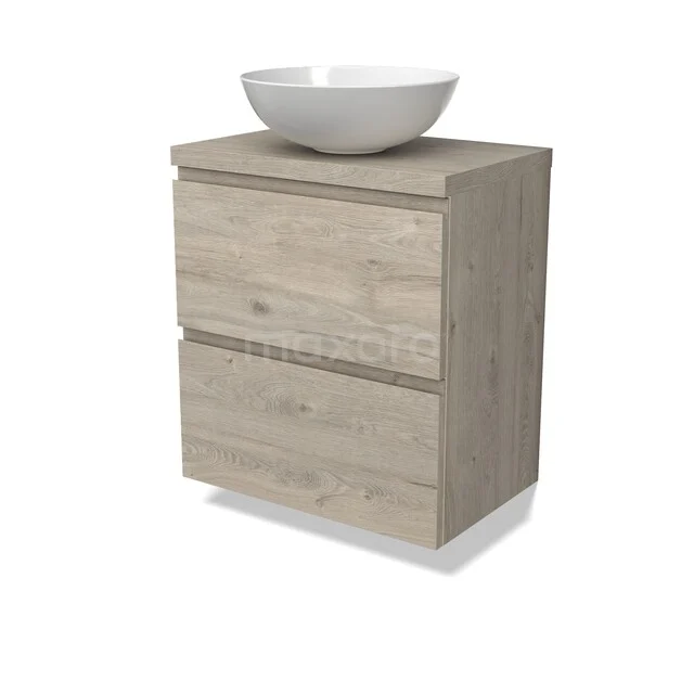 Badkamermeubel houtlook met natuurstenen waskom, compacte wandkast met twee lades en eigentijds design.