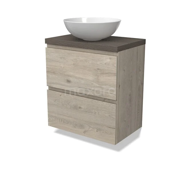 Holz-Badmöbel mit Waschbecken, helle Eiche-Optik, mit zwei Schubladen und dunklem Platte, modernes und kompaktes Design.