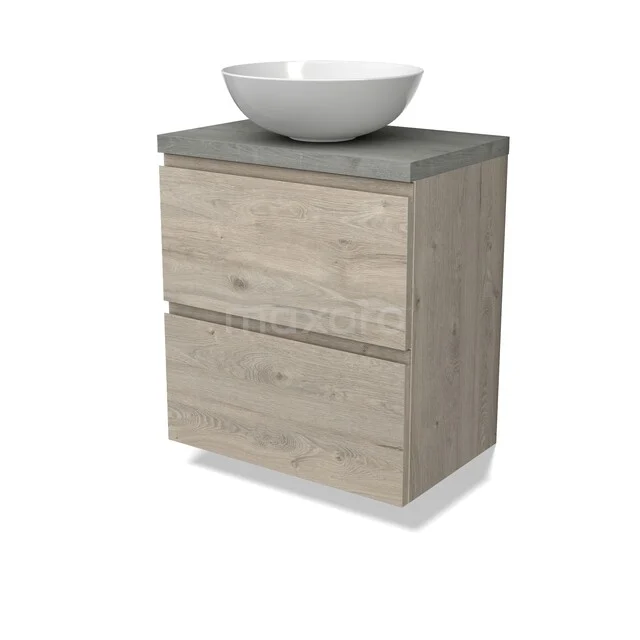 Houten badkamermeubel met twee lades, grijs betonlook blad en ronde, witte wastafel. Perfect voor moderne badkamers.