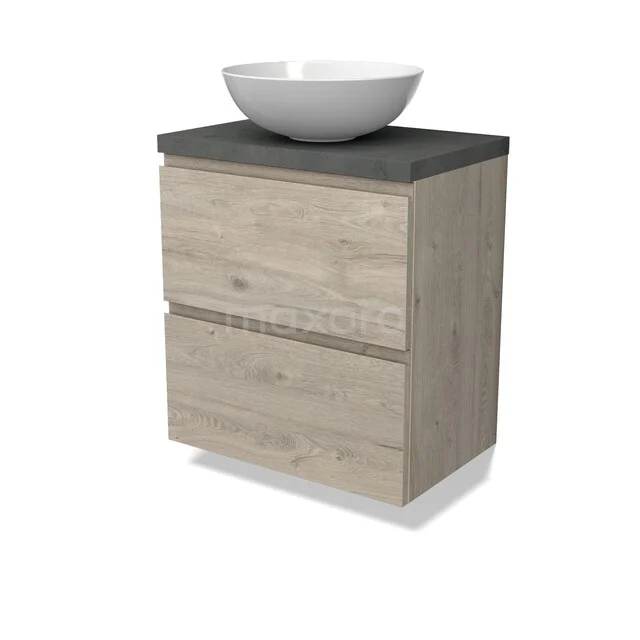 Modulo Plato Badkamermeubel voor waskom | 60 cm Lichtgrijs eiken Greeploos front Donkergrijs beton blad 2 lades onder elkaar BMK37-03017 Houten badkamermeubel met twee lades, grijze betonnen bovenblad en witte waskom, modern design voor een stijlvolle badkamer.