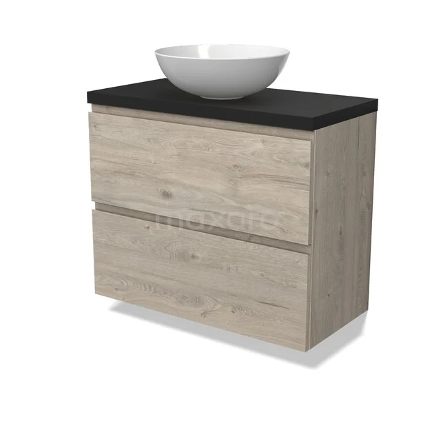 Modulo Plato Badkamermeubel voor waskom | 80 cm Lichtgrijs eiken Greeploos front Mat zwart blad 2 lades onder elkaar BMK37-03018 Houten badkamermeubel met twee lades, zwart werkblad en witte opbouwkom, ideaal voor een moderne badkamerinrichting.