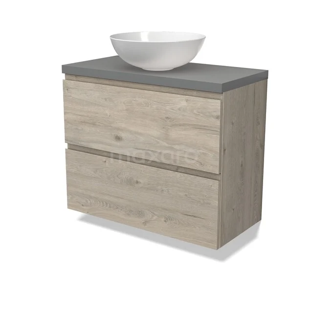 Holz-Badmöbel mit zwei Schubladen, graue Platte und weißer schalenförmiger Waschbecken, ideal für moderne Bäder.