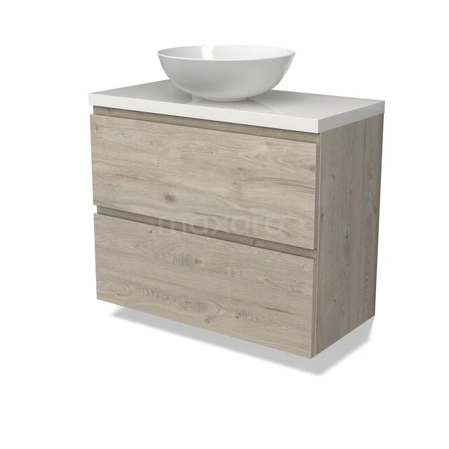 Houten badkamermeubel met twee lades, wit opzetwaskom van keramiek, modern design, ideaal voor een stijlvolle badkamerinrichting.