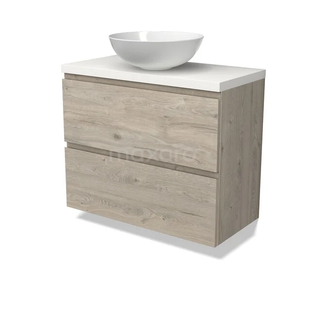 Holz Badezimmermöbel mit zwei Schubladen, weißem Waschbecken und modernem Design, perfekt für eine stilvolle Badezimmergestaltung.