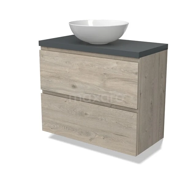 Houten badkamermeubel met grijs blad en witte waskom, modern design en twee lades voor praktische opbergruimte.