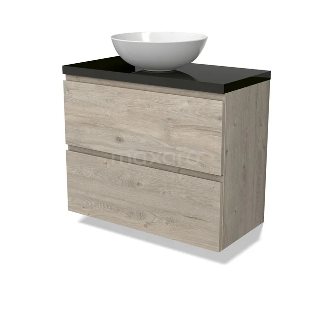 Modulo Plato Badkamermeubel voor waskom | 80 cm Lichtgrijs eiken Greeploos front Hoogglans zwart blad 2 lades onder elkaar BMK37-03023 Houten badkamermeubel met twee lades, donker stenen blad en ronde witte waskom, ideaal voor een moderne badkamer.