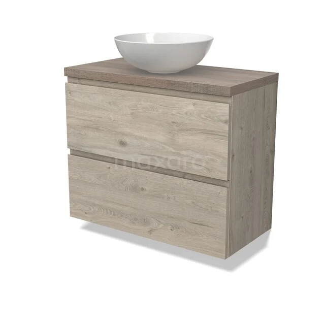 Houten badkamerkast met twee lades, Scandinavisch design, inclusief witte waskom van keramiek bovenop.