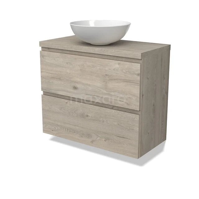 Holz Badezimmermöbel mit zwei Schubladen und Aufsatzwaschbecken, modernes Eiche Design, ideal für stilvolle Badezimmerlagerung.