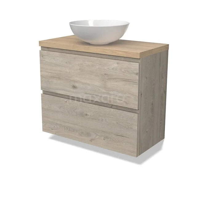 Modulo Plato Badkamermeubel voor waskom | 80 cm Lichtgrijs eiken Greeploos front Lichtbruin eiken blad 2 lades onder elkaar BMK37-03027 Houten badkamermeubel met wastafel, 2 lades, plank in lichte eikenlook, ideaal voor moderne badkameropslag.