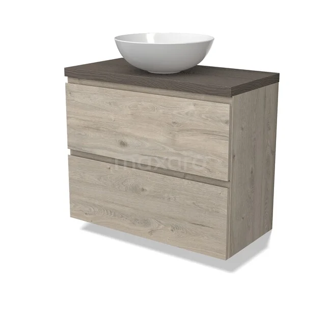 Houten badkamermeubel met twee lades, donker werkblad en witte opzetwastafel, perfect voor een moderne badkamerstijl.