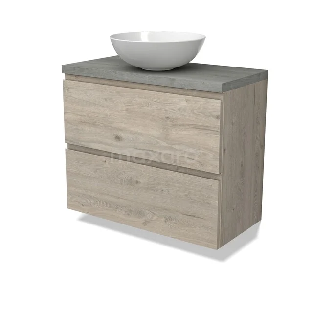 Houten badkamermeubel met waskom, 2 lades in eikenlook en betonnen blad, modern en stijlvol ontwerp.