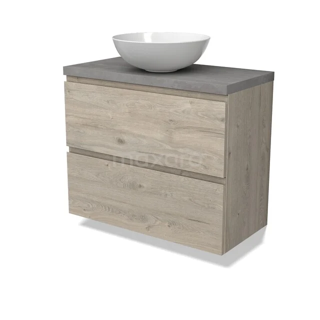 Houten badkamermeubel met grijze stenen wastafelblad en witte waskom, twee lades voor stijlvolle en praktische opbergruimte.