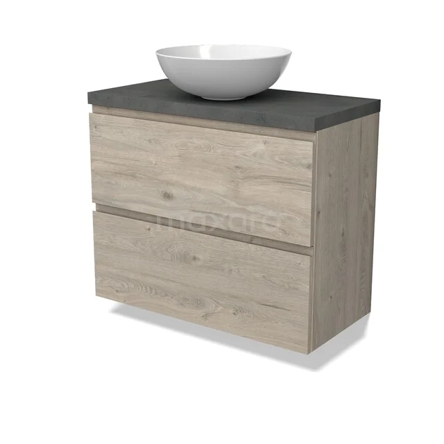 Houten badkamermeubel met twee lades, grijs wastafelblad en ronde witte opzetwaskom; perfect voor moderne badkamers.