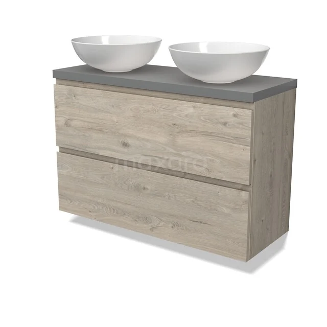 Holz-Badmöbel mit heller Eiche-Optik, grauer Platte und zwei weißen Aufsatzwaschbecken, ideal für ein modernes Badezimmer.