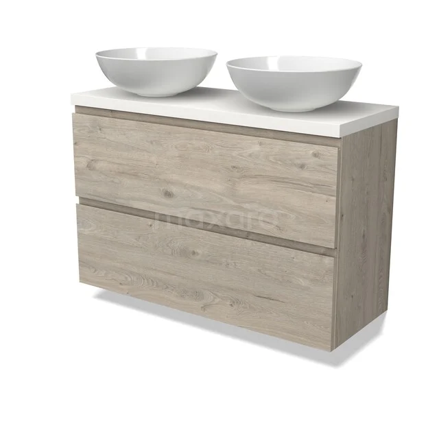 Modulo Plato Badkamermeubel voor waskom | 100 cm Lichtgrijs eiken Greeploos front Mat wit blad 2 lades onder elkaar BMK37-03036 Houten badkamermeubel met witte waskommen, twee lades en een moderne afwerking in licht eikenhout.