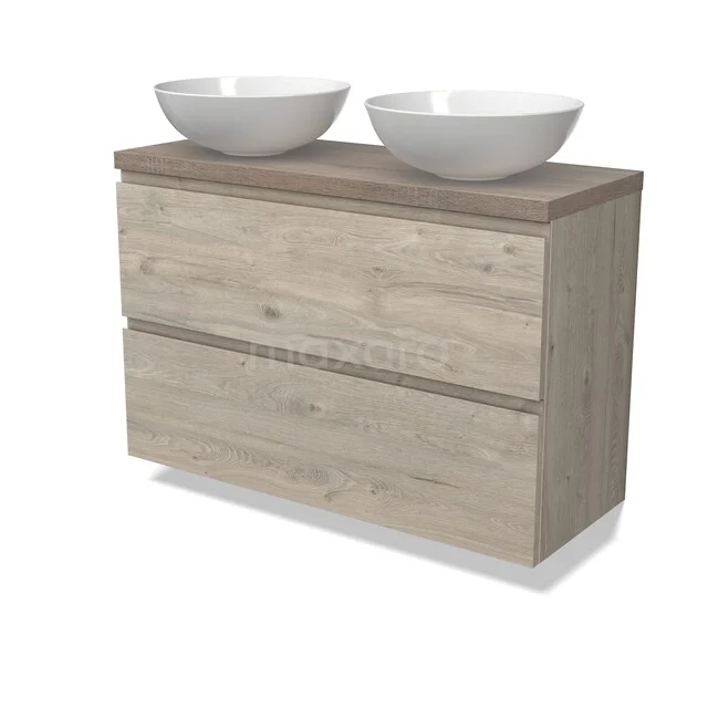 Hölzernes Badezimmermöbel mit zwei weißen Aufsatzwaschbecken, modernes Design, natürliche Holzoptik für eine stilvolle Badezimmergestaltung.