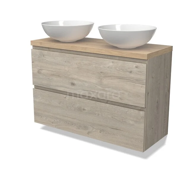 Houten badkamermeubel met twee brede lades, natuurlook, inclusief twee witte waskommen, ideaal voor een moderne badkamer.