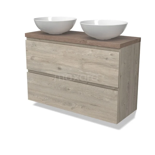 Modulo Plato Badkamermeubel voor waskom | 100 cm Lichtgrijs eiken Greeploos front Middenbruin eiken blad 2 lades onder elkaar BMK37-03043 Houten badkamermeubel met dubbele wastafel, Scandinavisch design, licht eiken afwerking en twee ruime lades.