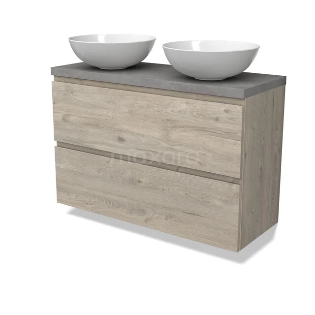Modulo Plato Vanity units for countertop basin | 100 cm Light grey oak Handle-less front Light grey concrete worktop 2 Stacked drawers BMK37-03046 Houten badkamermeubel met twee lades, grijs wastafelblad en dubbele witte kommen; modern en strak ontwerp.