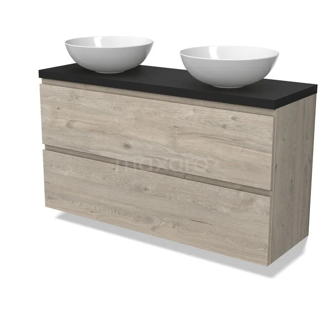 Hölzernes Badezimmermöbel mit zwei weißen Aufsatzwaschbecken, dunkler Platte, schickem Design und zwei Schubladen für optimalen Stauraum.