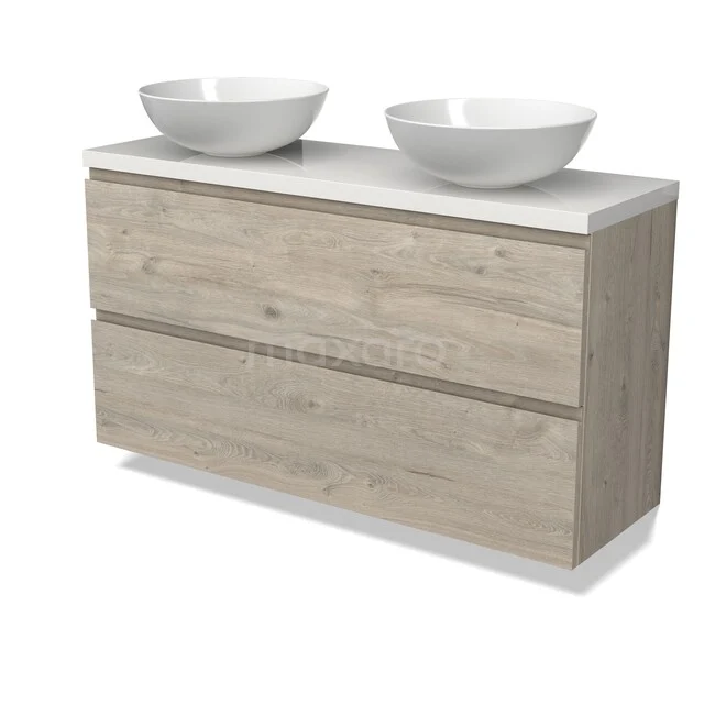 Holz Badezimmermöbel mit skandinavischem Flair, doppelte weiße schalenförmige Aufsatzwaschbecken und Soft-Close Schubladen.