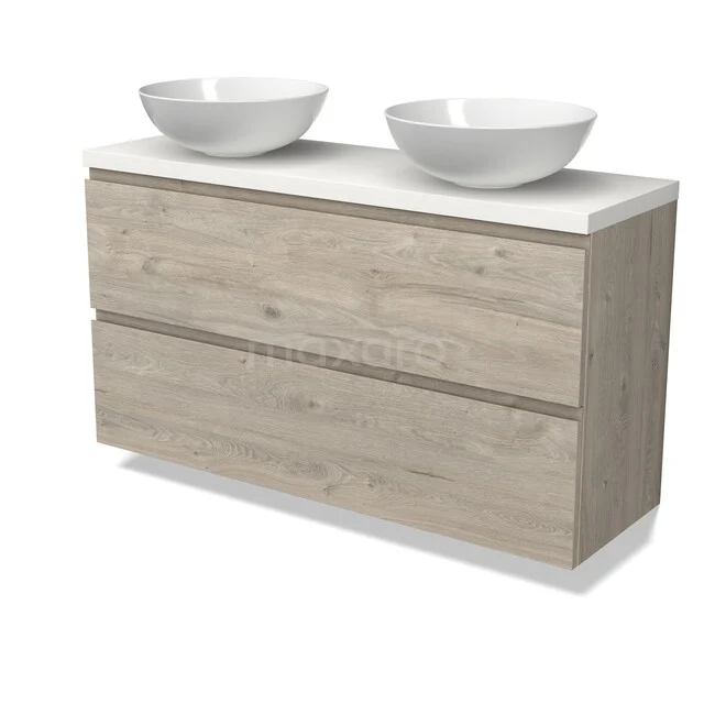 Modulo Plato Badkamermeubel voor waskom | 120 cm Lichtgrijs eiken Greeploos front Mat wit blad 2 lades onder elkaar BMK37-03051 Houten badkamermeubel met 2 lades en dubbele wastafel, natuurlijke houtlook, ideaal voor een moderne badkamerstijl.