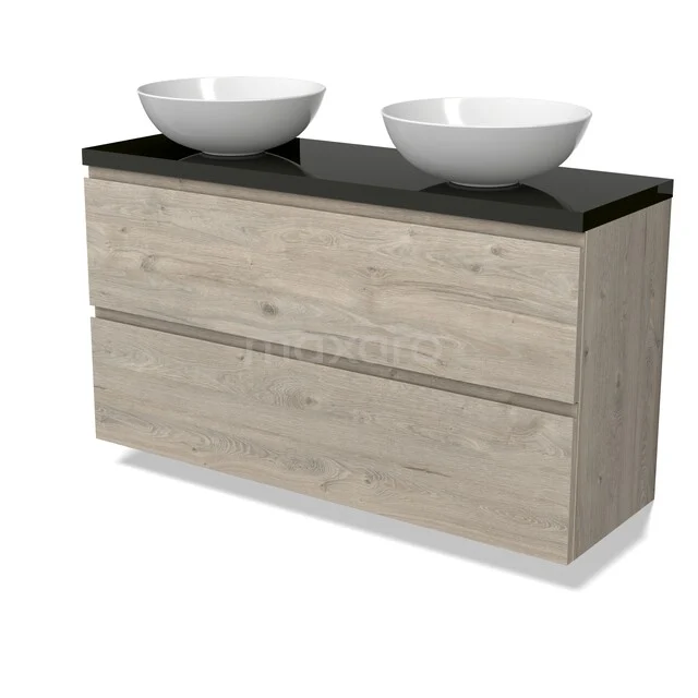 Holz Badezimmermöbel mit Schwarz Platte, zwei weißen Aufsatzwaschbecken, Schubladenfronten mit Holzoptik, ideal für moderne Bäder.