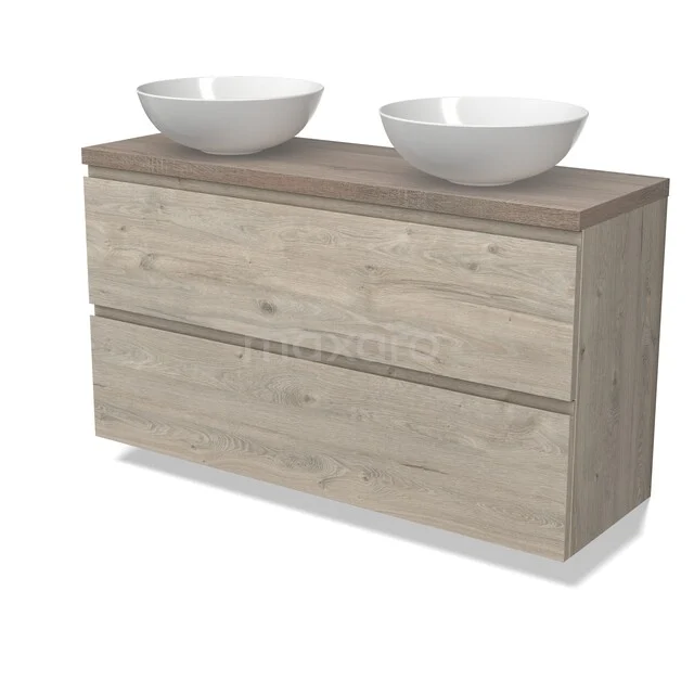 Modulo Plato Badkamermeubel voor waskom | 120 cm Lichtgrijs eiken Greeploos front Eiken blad 2 lades onder elkaar BMK37-03055 Houten badkamermeubel met twee witte opzetwastafels, naturel eikenlook, strak design en twee ruime lades.