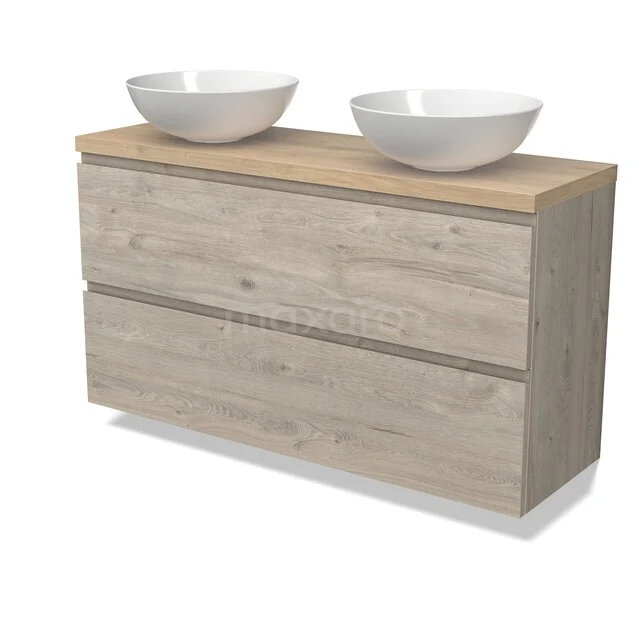 Houten badkamermeubel met twee lades, dubbele wastafel en natuurhouten afwerking, ideaal voor een moderne badkamer.