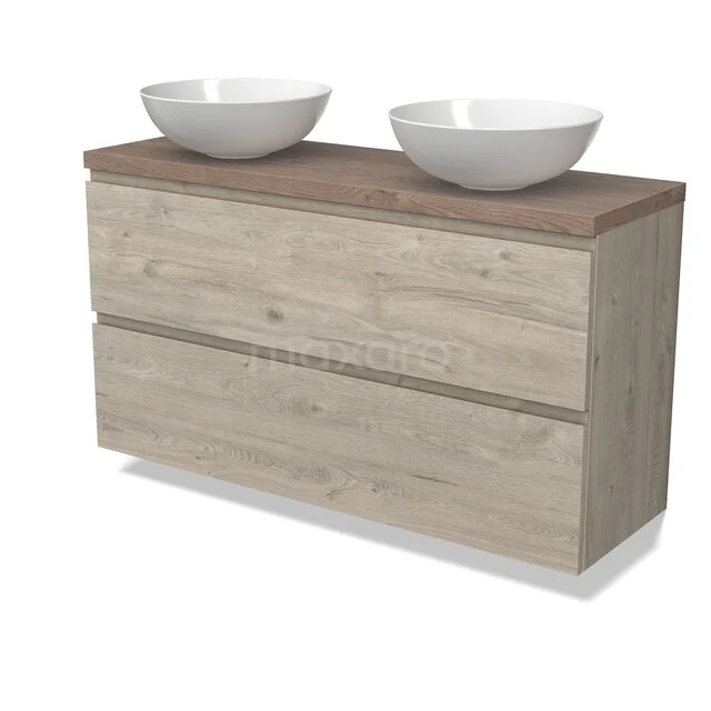 Holz-Badmöbel mit zwei weißen keramischen Aufsatzwaschbecken, neutraler Holzton und modernem Erscheinungsbild.