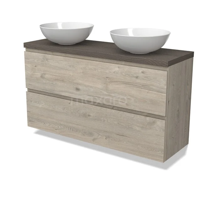 Modulo Plato Badkamermeubel voor waskom | 120 cm Lichtgrijs eiken Greeploos front Donkerbruin eiken blad 2 lades onder elkaar BMK37-03059 Houten badkamermeubel met twee witte wastafels, modern design, licht eiken afwerking, perfect voor een stijlvolle badkamer.