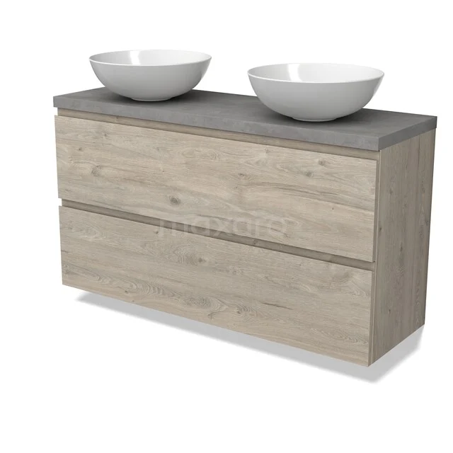 Holz-Badmöbel mit zwei weißen Aufsatzwaschbecken, grauer Platte, moderne Ausführung, ideal für ein stilvolles Badezimmer.