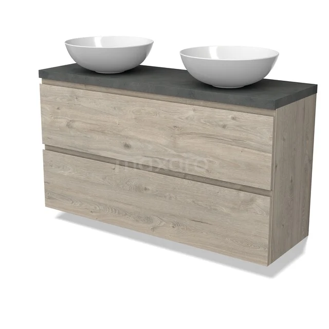 Houten badkamermeubel met twee ronde witte wastafels en donkergrijs blad, modern design met twee brede lades.