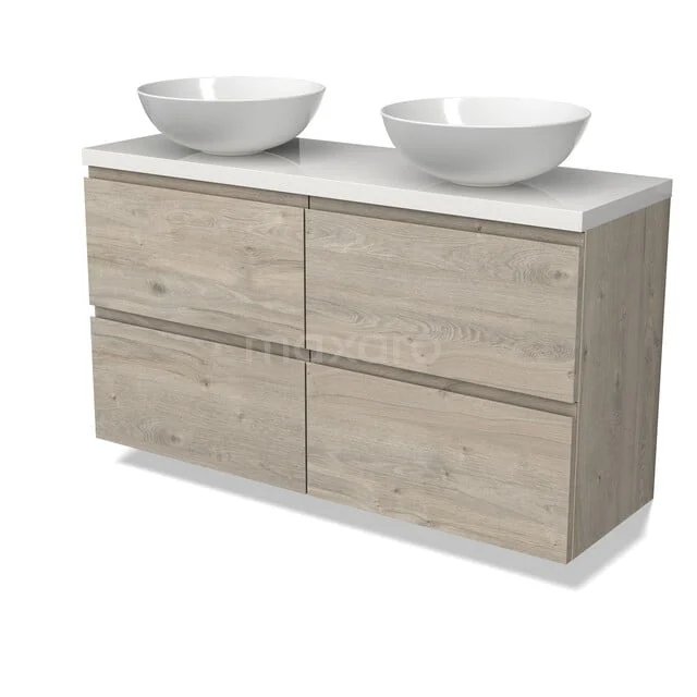 Modulo Plato Badkamermeubel voor waskom | 120 cm Lichtgrijs eiken Greeploos front Hoogglans wit blad 4 lades BKM38-00604 Houten badkamermeubel met dubbele witte waskommen, moderne uitstraling en zes lades voor opbergruimte.