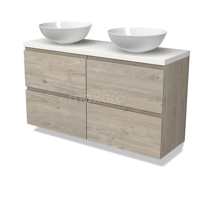 Houten badkamermeubel met licht eikenafwerking, dubbele witte waskommen en vier lades voor stijlvolle en praktische opbergruimte.