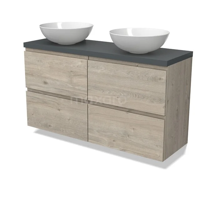 Holz-Badmöbel mit doppelten runden Aufsatzwaschbecken, grauer Platte und vier Schubladen; stilvolles und funktionales Design.