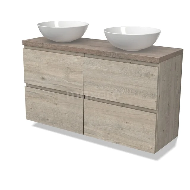 Modulo Plato Badkamermeubel voor waskom | 120 cm Lichtgrijs eiken Greeploos front Eiken blad 4 lades BKM38-00609 Houten wastafelmeubel met 4 lades, dubbele witte waskommen en natuurhouten blad, ideaal voor moderne badkamers.