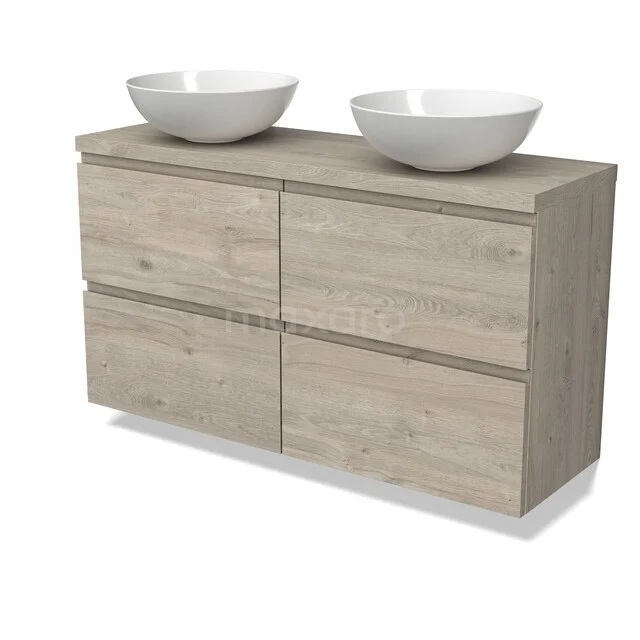 Houten badkamermeubel met dubbele wastafel, natuur eiken look, zes lades, modern design.