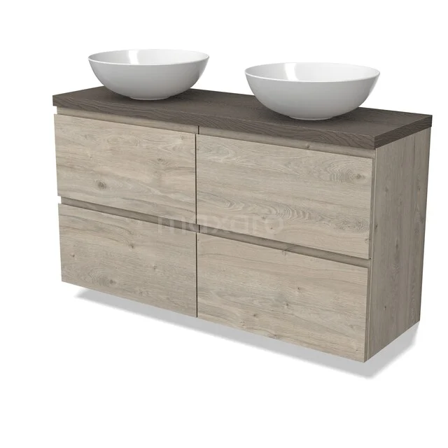 Holz-Badmöbel mit doppelten weißen Aufsatzwaschbecken, schlankes Design, vier Schubladen und dunkelbrauner Platte für ein modernes Badezimmer.